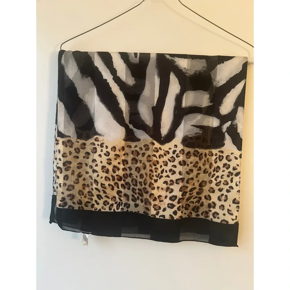 Made in Italy Mixed Animal Print Scarf Zebra Leopard Black White Tan Rectangular
